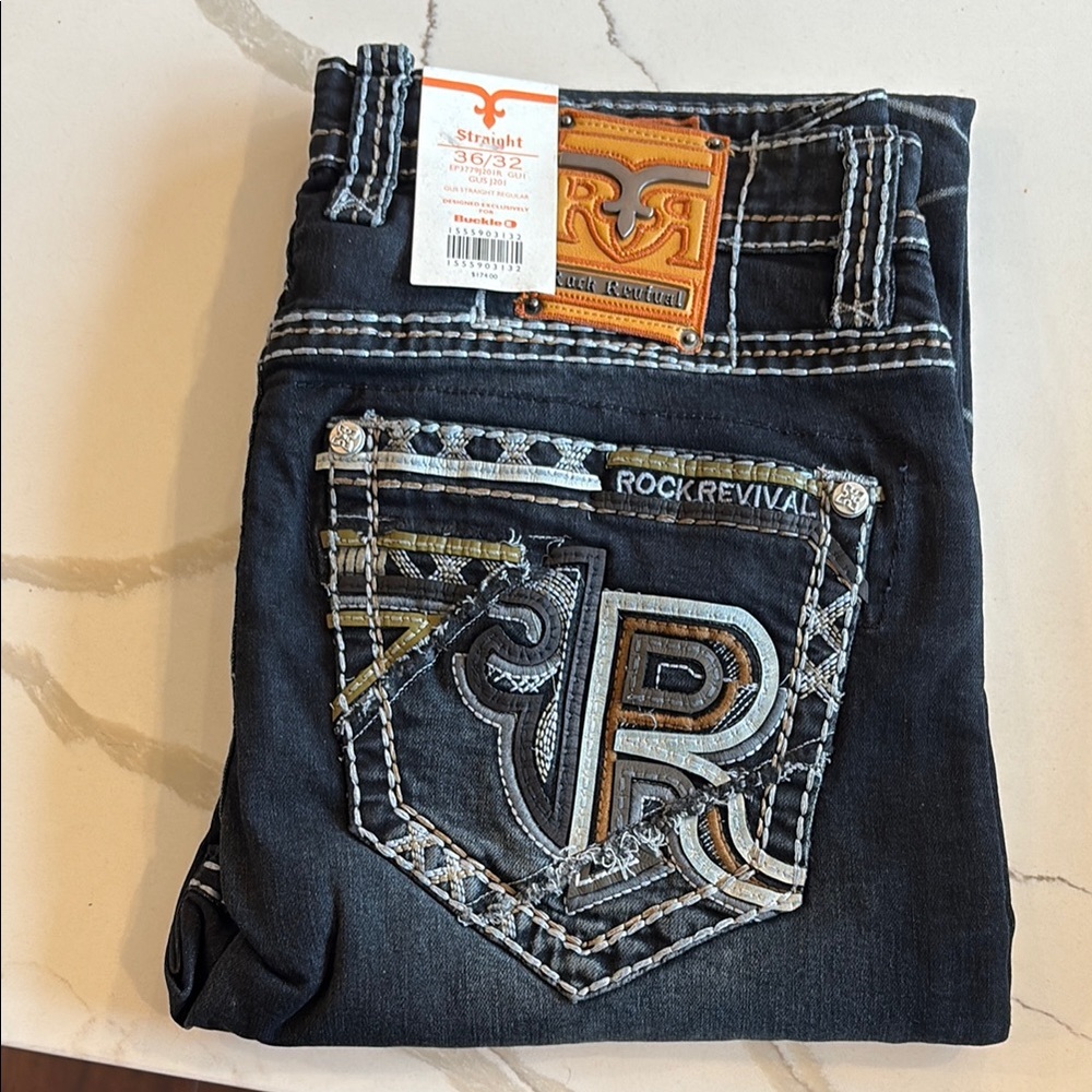 Rock Revival Gus Straight Dark Wash Jeans 36/32 NWT